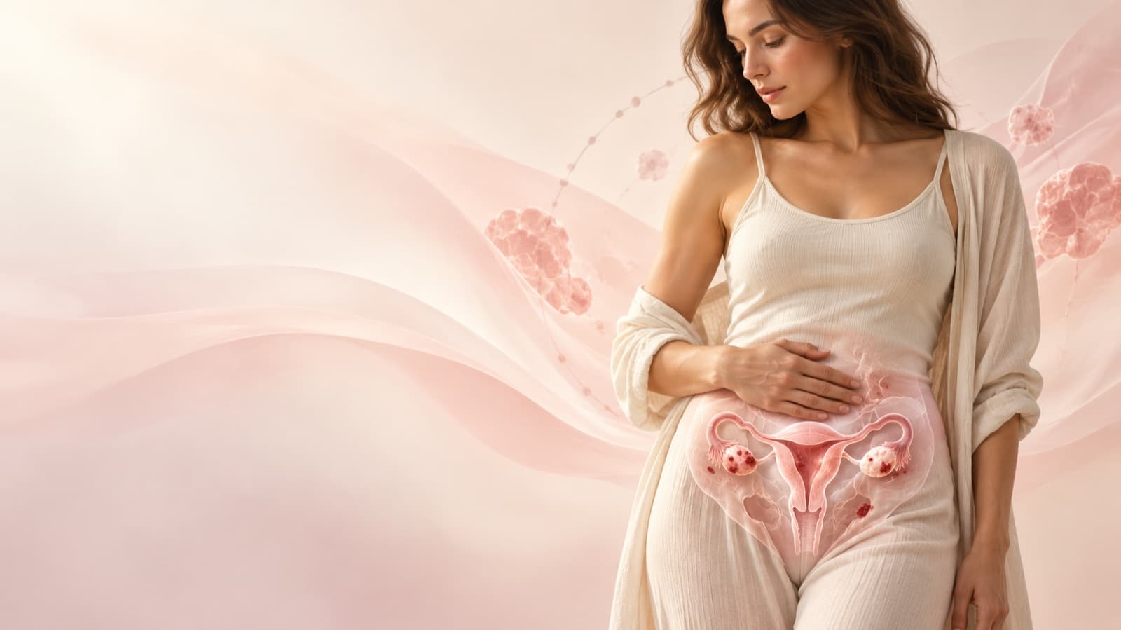 Ženska z roko na trebuhu in ilustracijo maternice z jajčniki, ki ponazarja endometriozo